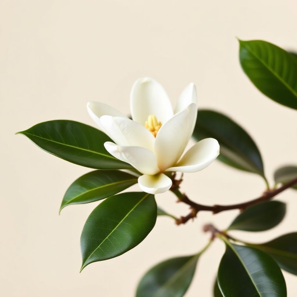 A white magnolia blossom with glossy green leaves